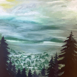Acrylic painting of a foggy forest in a valley