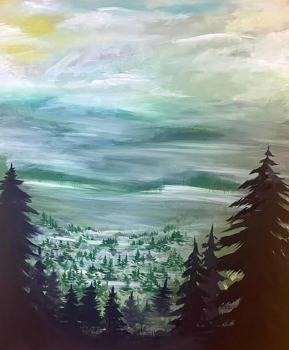 Acrylic painting of a foggy forest in a valley